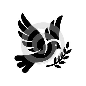 Dove icon. Black silhouette of a dove in flight carrying an olive branch