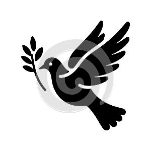 Dove icon. Black silhouette of a dove in flight carrying an olive branch