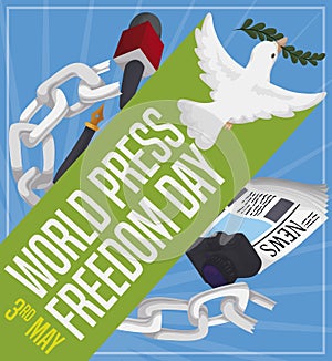 Dove with Journalist`s Elements to Celebrate World Press Freedom Day, Vector Illustration