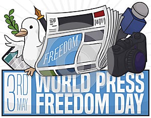 Dove with Journalist Tools to Celebrate World Press Freedom Day, Vector Illustration