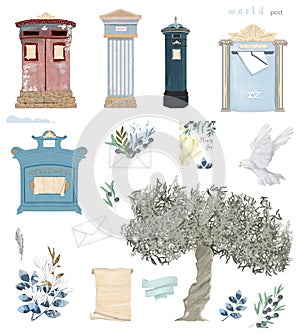 Dove and olive tree Antique Post set UK, England, Germany mailbox watercolor bird fly peace dove for wedding celebration illustrat