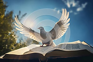 Dove with open wings on bible with blue sky scene. Generate ai
