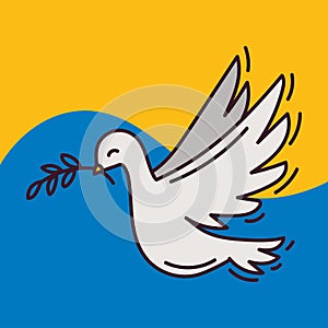 Dove of peace on the background of the Ukrainian flag. Ukraine and Russia military conflict.