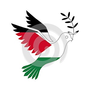 A dove of peace in the colors of the Gaza Strip flag. A pigeon is a bird, a symbol of peace, with an olive branch in its beak.