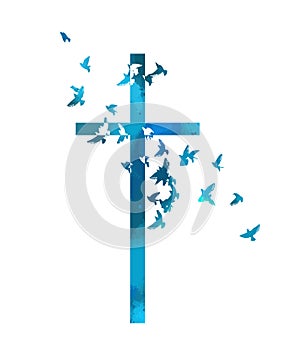 Dove on peace and cross isolated religion symbol. Blue religious cross with flying birds. Vector illustration