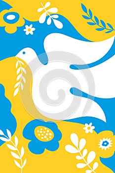 Dove of peace and flowers. Sumbol of peace. Ukraine flag colors
