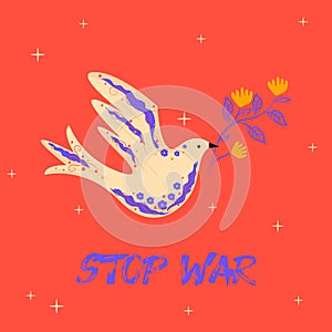 Dove of peace. Flying bird with an branch in beak. Peace and love, freedom, no war concept.