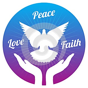 Dove peace flying from hands in sky. Love, freedom and religion faith vector concept photo