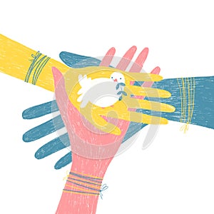 Dove of peace in the hands of people. Association. Digital illustration in hand drawn pencil texture style. A soft