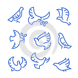 Dove of Peace Icons Set. Flying Birds with Branch and Leaves, Peace or Pacifism Concept. Free Flying Symbol