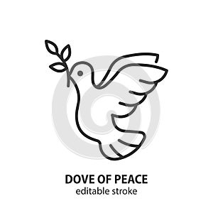 Dove of peace line icon. Pigeon with olive branch vector sign. No war outline symbol. Editable stroke