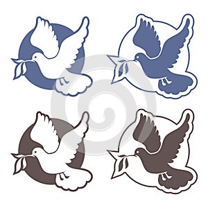 Dove of peace. Pigeon with olive branch. International Day of Peace. Icon set