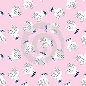 Dove of peace seamless vector background. Stop war illustration background pink hand drawn. Flying birds