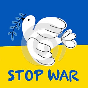 Dove of peace Ukraine Russia war stop war illustration hand drawn. Blue and yellow Ukrainian national colors. Support Ukraine
