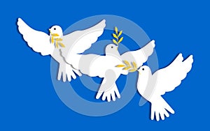 Dove of peace white with a branch against the blue sky. Horizontal poster World of Ukraine