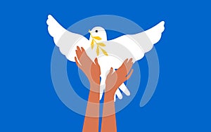 The dove of peace is white. The hands of the Ukrainian people hold the bird of hope in the struggle for peace on a blue sky backgr