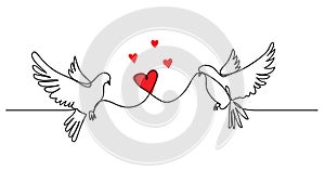 Dove, pigeon couple with heart. Love concept ,vector simplicity. Continuous one line drawing banner with in love doves