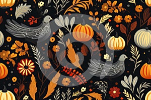 Dove pumpkin leaves branch autumn elements seamless pattern on black background