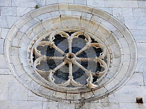 Dove resting on rose window of romanic church valdicastello photo
