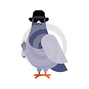 Dove spy. pigeon Secret agent. City bird in hat and with gun