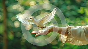 Dove taking flight from a human hand against bokeh background. White bird ascending from open palm. Concept of freedom
