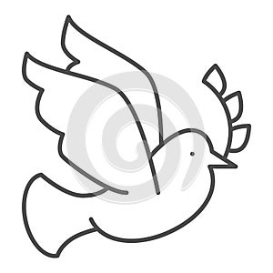 Dove with a wreath branch thin line icon. Pigeon carries an olive branch outline style pictogram on white background