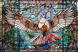 Doves composed of stained glass windows in religious church