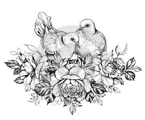 Doves Couple with Roses Pencil Drawing