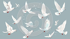 Doves flying in the air. Pigeons in flight on a white background. Peaceful flock, freedom concept. Modern flat