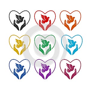 Doves with heart icon on white background color set