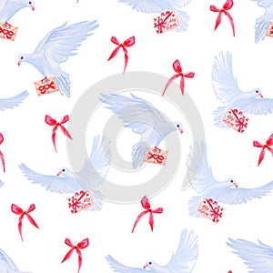 Doves with love mail and bows seamless vector print.