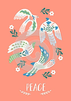 Doves of peace. Vector illustration. Template for card, poster, flyer and other