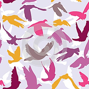 Doves and pigeons seamless pattern on lilak background for peace concept and wedding design.