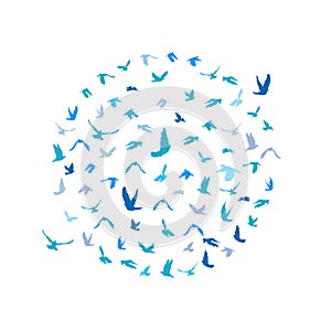 Doves and pigeons set in a circle for peace concept and wedding design. Flying blue birds sketch set. Vector