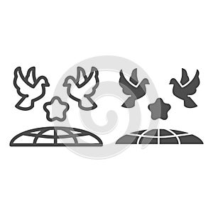 Doves and planet earth line and solid icon, International day of peace concept, Flying birds under world globe sign on