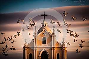 Doves represent peace, they fly over a Christian church. AI generative