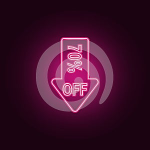 down arrow discounts 70 neon icon. Elements of Sale set. Simple icon for websites, web design, mobile app, info graphics