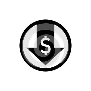 Down arrow, dollar depreciation icon. Money value down on isolated white background. EPS 10 vector