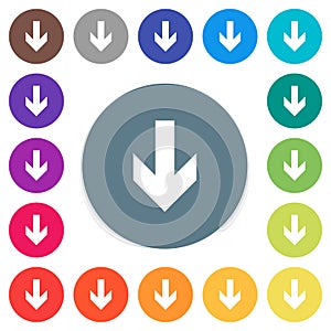 Down arrow flat white icons on round color backgrounds