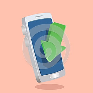 Down arrow in front of smartphone. download concept vector illustration