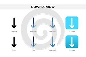 down arrow icon in different style. down arrow vector icons designed in outline, solid, colored, gradient, and flat style. Symbol