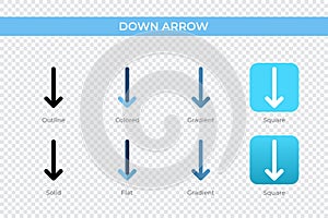 down arrow icon in different style. down arrow vector icons designed in outline, solid, colored, gradient, and flat style. Symbol