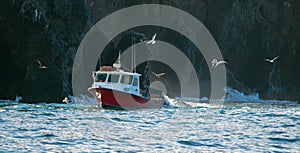 Abajo salida estilo langosta un barco sobre el punto de Costa de isla en canal islas de Costa Estados Unidos de América 