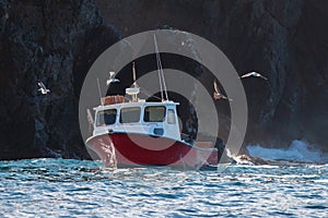 Down east style lobster boat at Coche Point off the coast of Santa Cruz Island in the Channel Islands off the California coast USA