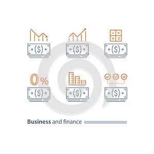 Down payment, refinance loan, credit approval, investment dividends, decrease and increase graph, cost calculating, interest rate