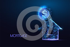 Down payment, mortgage, housing purchase futuristic concept with house and dollar coin symbols