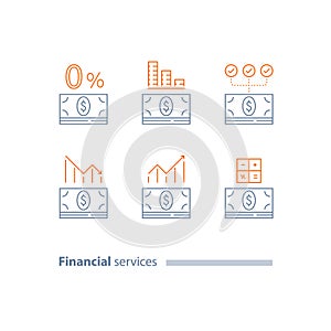 Down payment, refinance loan, credit approval, investment dividends, decrease and increase graph, cost calculating, interest rate