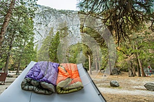 Down Sleeping Bags Resting on Tent in Yosemite Camp 4