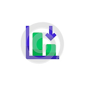 Down trend degenerate bar chart icon design with falling down arrow symbol. simple clean professional business management concept