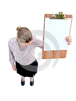 Downcast woman with clipboard
